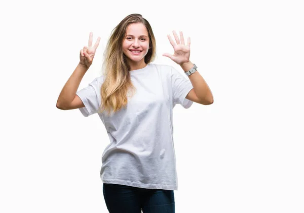 Giovane Bella Donna Bionda Indossa Casual Shirt Bianca Sfondo Isolato — Foto Stock