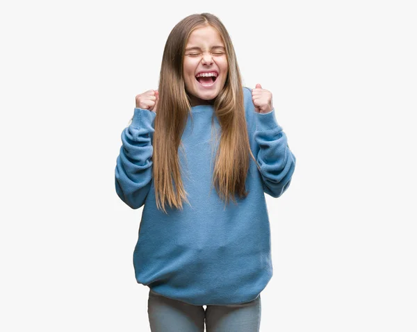 Chica Hermosa Joven Con Suéter Invierno Sobre Fondo Aislado Emocionado —  Fotos de Stock
