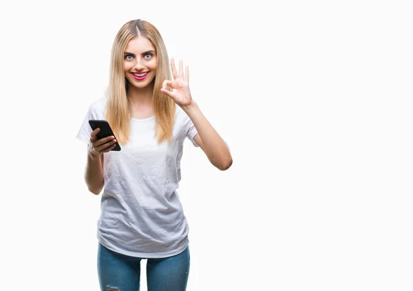 Jovem Bela Mulher Loira Usando Smartphone Sobre Fundo Isolado Fazendo — Fotografia de Stock