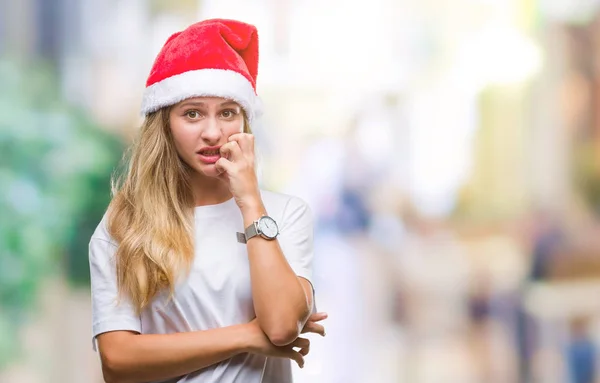 Jeune Belle Femme Blonde Portant Chapeau Noël Sur Fond Isolé — Photo