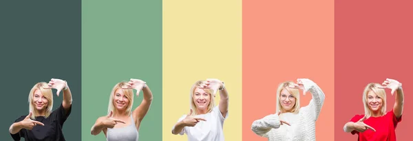 Collage Van Mooie Blonde Vrouw Vintage Geïsoleerde Achtergrond Glimlachend Maken — Stockfoto