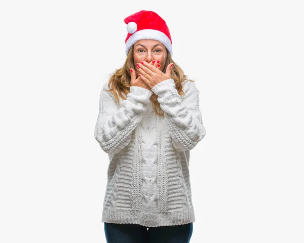 Mulher Hispânica Meia Idade Usando Chapéu Natal Sobre Fundo Isolado — Fotografia de Stock