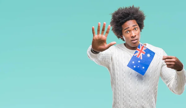 Afro Amerikai Férfi Ausztrália Zászlaja Alatt Nyitott Kéz Csinál Stoptábla — Stock Fotó