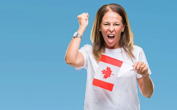 中年拉美裔妇女持有加拿大国旗在孤立的背景恼火和沮丧的愤怒 疯狂和大喊大叫与举手 愤怒的概念 — 图库照片