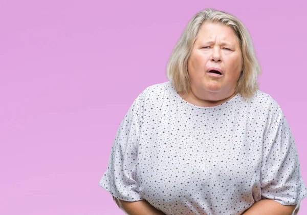 Senior Size Caucasian Woman Isolated Background Hand Stomach Because Indigestion — Stock Photo, Image