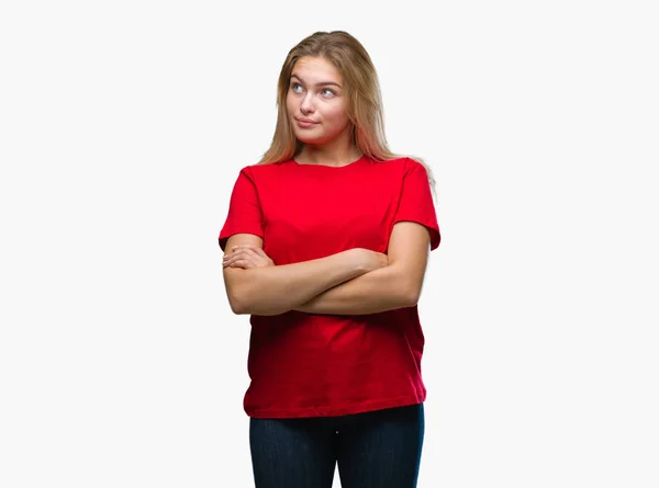 Young Caucasian Woman Isolated Background Smiling Looking Side Staring Away — Stock Photo, Image