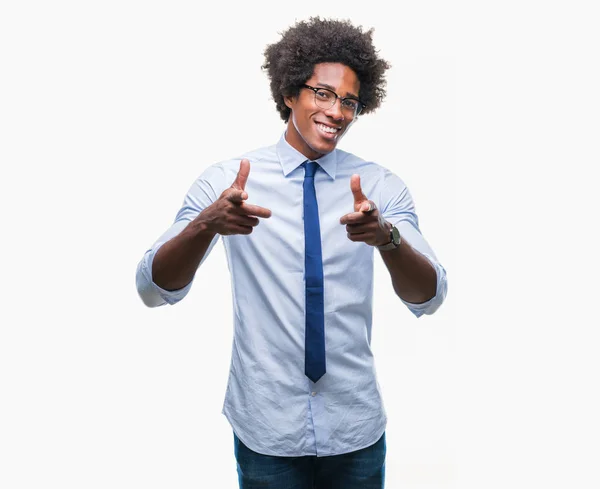 Hombre Negocios Afroamericano Con Gafas Sobre Fondo Aislado Señalando Los —  Fotos de Stock