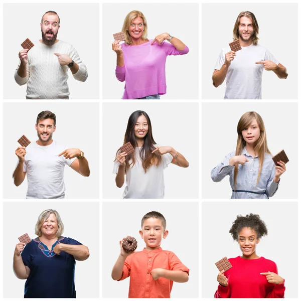 Collage Van Groep Mensen Eten Van Chocolade Geïsoleerde Achtergrond Met — Stockfoto