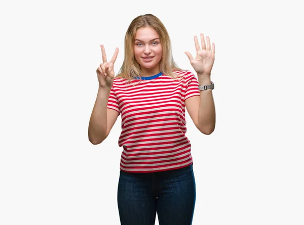 Молода Біла Жінка Над Ізольованим Тлом Показуючи Вказуючи Пальцями Номер — стокове фото