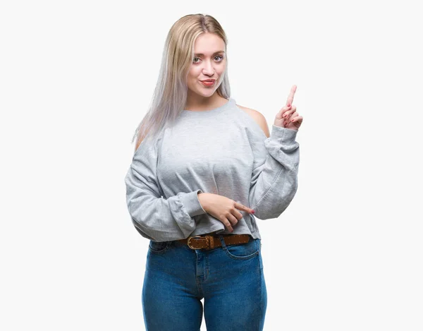 Young Blonde Woman Isolated Background Big Smile Face Pointing Hand — Stock Photo, Image