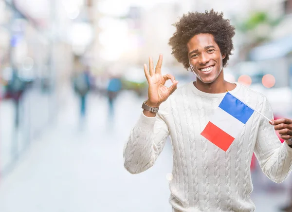 Bandera Hombre Afroamericano Francia Sobre Fondo Aislado Haciendo Signo Con —  Fotos de Stock