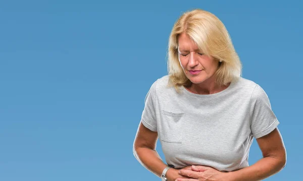 Middle Age Blonde Woman Isolated Background Hand Stomach Because Indigestion — Stock Photo, Image