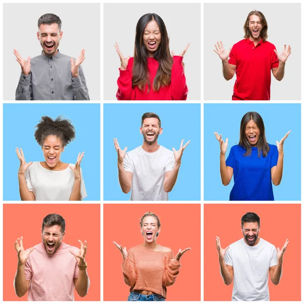 Collage Grupo Jóvenes Sobre Coloridos Antecedentes Aislados Celebrando Locos Locos — Foto de Stock