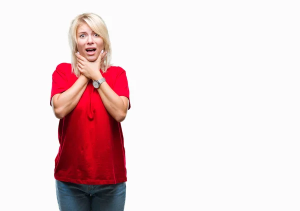 Junge Schöne Blonde Frau Trägt Rotes Shirt Über Isoliertem Hintergrund — Stockfoto