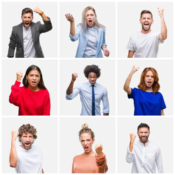 Collage Gruppo Giovani Donne Uomini Sfondo Isolato Arrabbiato Pazzo Alzando — Foto Stock