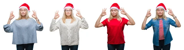 Kolaj Izole Backgroud Relax Beyaz Üzerinde Noel Şapka Giyen Gözleri — Stok fotoğraf