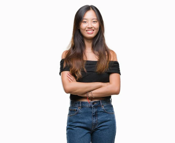Junge Asiatische Frau Über Isoliertem Hintergrund Glücklich Lächelnd Mit Verschränkten — Stockfoto