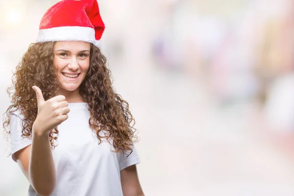 Jeune Fille Brune Portant Chapeau Noël Sur Fond Isolé Faisant — Photo