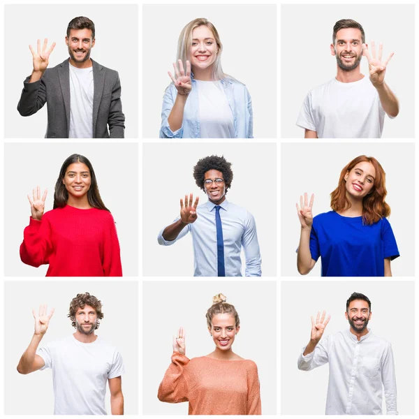 Collage Van Groep Jongeren Vrouw Mannen Geïsoleerde Achtergrond Weergeven Met — Stockfoto