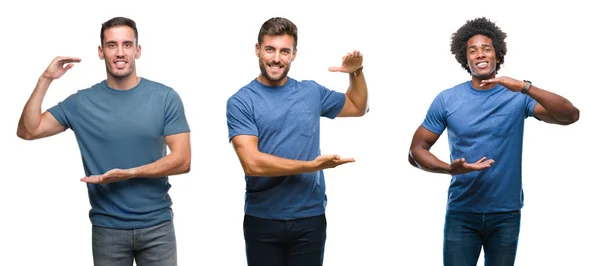 Collage Group Hispanic African American Men Isolated Background Gesturing Hands — Stock Photo, Image