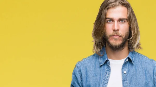 Young Handsome Man Long Hair Isolated Background Serious Expression Face — Stock Photo, Image