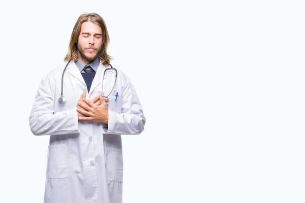 Young Handsome Doctor Man Long Hair Isolated Background Smiling Hands — Stock Photo, Image
