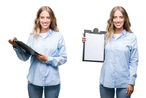 Joven Mujer Negocios Hermosa Sosteniendo Portapapeles Sobre Fondo Blanco Aislado —  Fotos de Stock