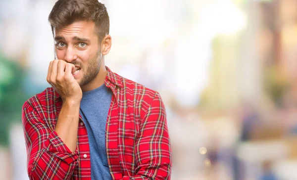 Giovane Bell Uomo Sfondo Isolato Cercando Stressato Nervoso Con Mani — Foto Stock