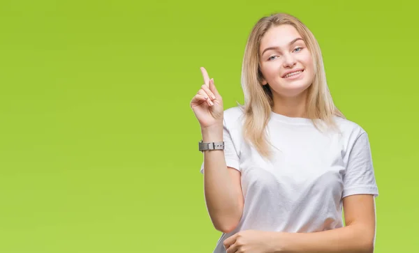 Mulher Caucasiana Jovem Sobre Fundo Isolado Apontando Dedo Para Cima — Fotografia de Stock