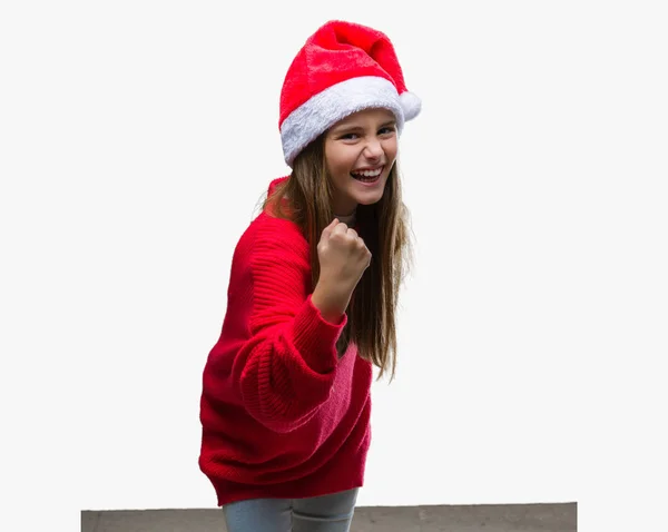Üzerinde Noel Şapka Giyen Genç Güzel Kız Gülümseyerek Başarı Için — Stok fotoğraf