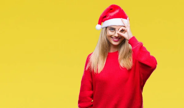 Jovem Bela Mulher Loira Vestindo Chapéu Natal Sobre Fundo Isolado — Fotografia de Stock
