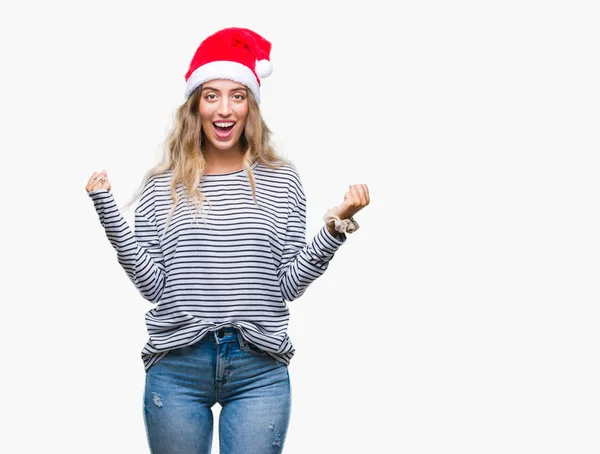 Hermosa Joven Rubia Con Sombrero Navidad Sobre Fondo Aislado Celebrando —  Fotos de Stock