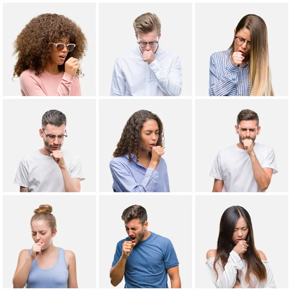 Collage Gruppo Giovani Donna Uomini Sfondo Bianco Solato Sensazione Malessere — Foto Stock