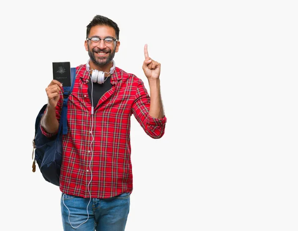 Adult Hispanic Student Man Holding Passport Australia Isolated Background Surprised — Stock Photo, Image