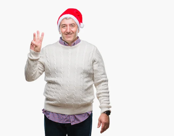 Hombre Mayor Guapo Con Sombrero Navidad Sobre Fondo Aislado Mostrando — Foto de Stock