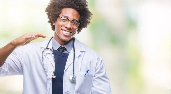 Afro American Doctor Man Isolated Background Gesturing Hands Showing Big — Stock Photo, Image