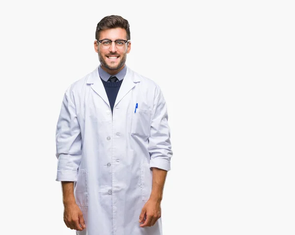 Joven Hombre Guapo Vistiendo Médico Abrigo Científico Sobre Fondo Aislado —  Fotos de Stock