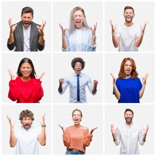 Collage Gruppo Giovani Donne Uomini Sfondo Isolato Che Celebrano Pazzo — Foto Stock