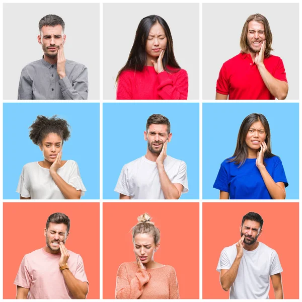 Collage Grupp Ungdomar Över Färgglada Isolerade Bakgrund Att Röra Munnen — Stockfoto