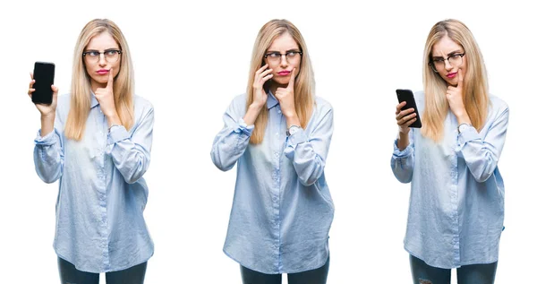 Collage Von Jungen Schönen Blonden Geschäftsfrau Mit Smartphone Über Isolierten — Stockfoto