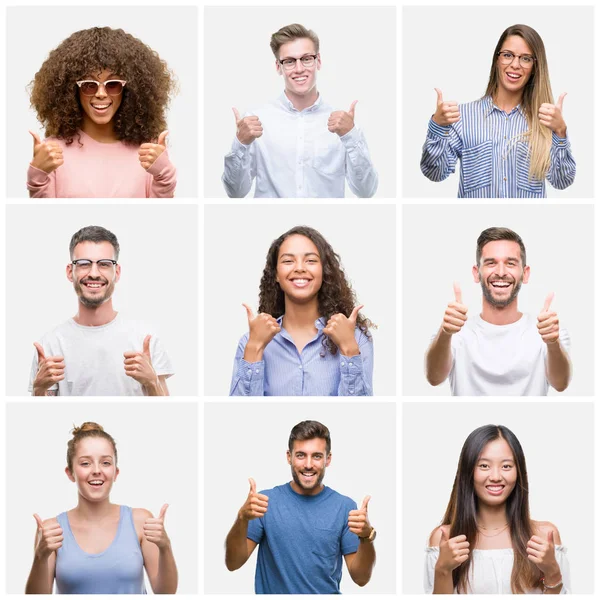 Kolaj bir grup genç insanlar kadın ve erkekler üzerinde beyaz solated arka plan başarı işareti başparmak gülümseyen ve mutlu el ile olumlu hareketi yapıyor. Neşeli bir ifadeyle, kazanan jest kameraya bakıyor.