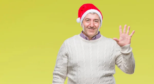 Hombre Mayor Guapo Con Sombrero Navidad Sobre Fondo Aislado Mostrando — Foto de Stock