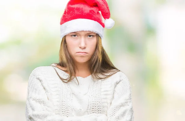 Mooie Kaukasische Jongedame Kerstmuts Dragen Geïsoleerde Achtergrond Scepticus Nerveus Afkeurende — Stockfoto