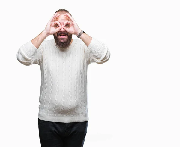 Giovane Uomo Hipster Caucasico Indossa Maglione Invernale Sfondo Isolato Facendo — Foto Stock