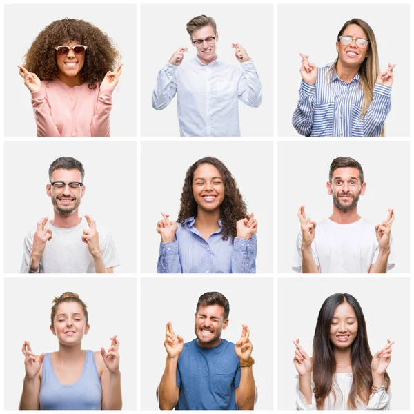 Kolaj Bir Grup Genç Insanlar Kadın Erkekler Gülümseyen Geçiş Parmakları — Stok fotoğraf