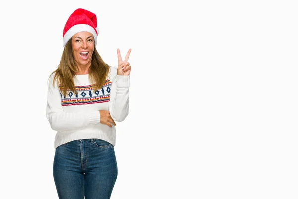Mujer Adulta Mediana Edad Con Suéter Invierno Sombrero Crisma Sobre —  Fotos de Stock