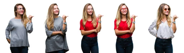 Collage Van Jonge Mooie Blonde Vrouw Geïsoleerde Achtergrond Glimlachend Met — Stockfoto