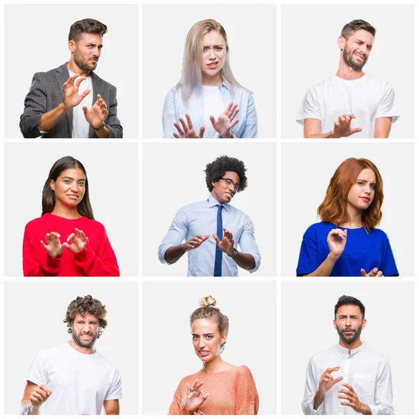 Collage of group of young people woman and men over isolated background disgusted expression, displeased and fearful doing disgust face because aversion reaction. With hands raised. Annoying concept.