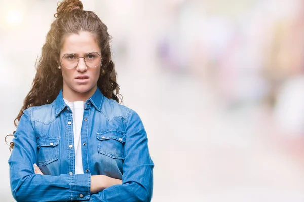 Bella Giovane Ragazza Bruna Capelli Ricci Indossando Occhiali Sfondo Isolato — Foto Stock