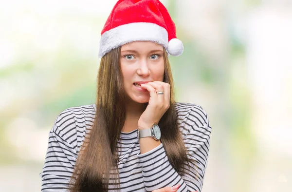 Mooie Kaukasische Jongedame Kerstmuts Dragen Geïsoleerde Achtergrond Zoek Gestresst Nerveus — Stockfoto